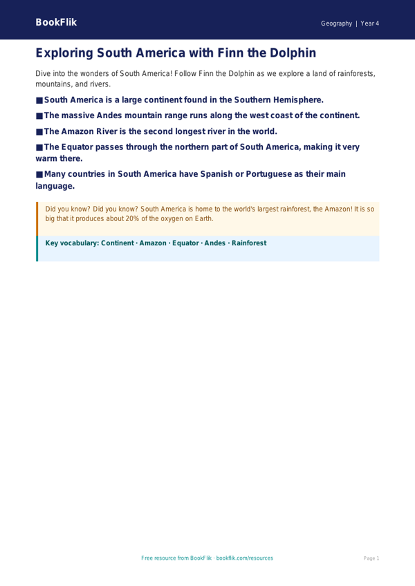 Free South America Poster | Year 4 Supported | BookFlik worksheet preview — Geography South America