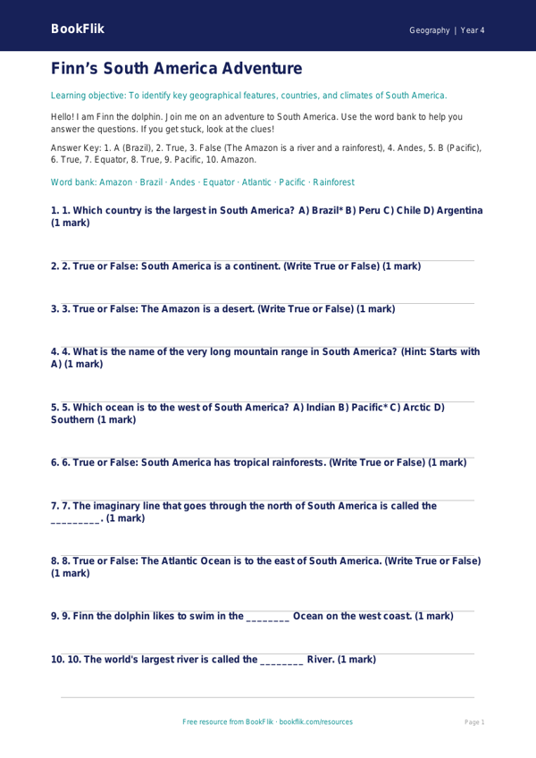 Free South America Quiz | Year 4 Supported | BookFlik worksheet preview — Geography South America