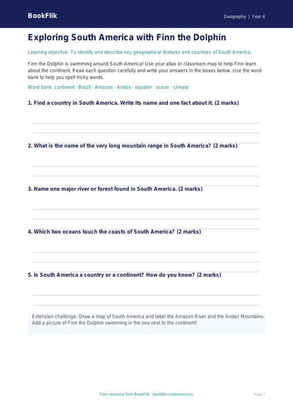Free South America Template | Year 4 Supported | BookFlik worksheet preview — Geography South America