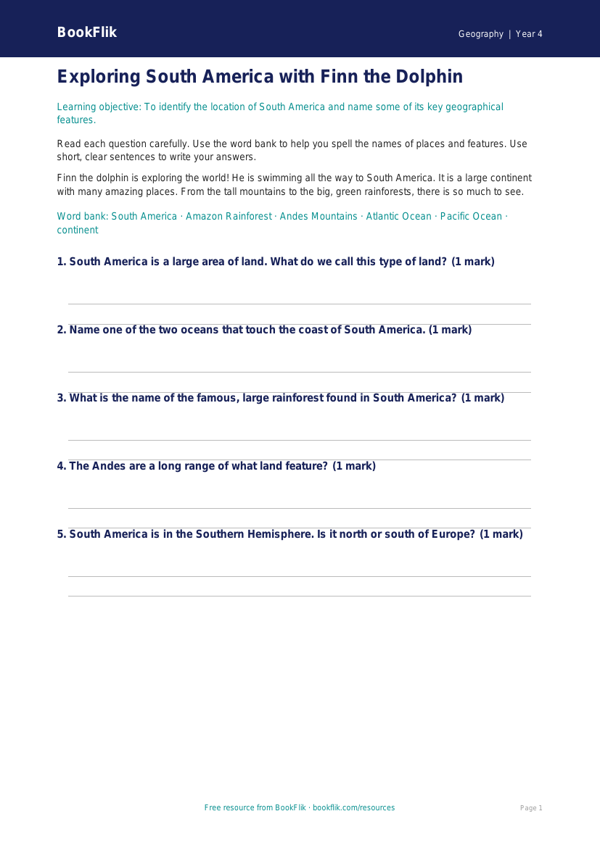 Free South America Worksheet | Year 4 Supported | BookFlik worksheet preview — Geography South America