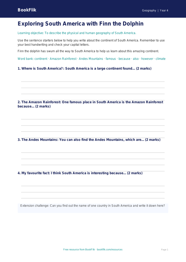 Free South America Writing Frame | Year 4 Supported | BookFlik worksheet preview — Geography South America