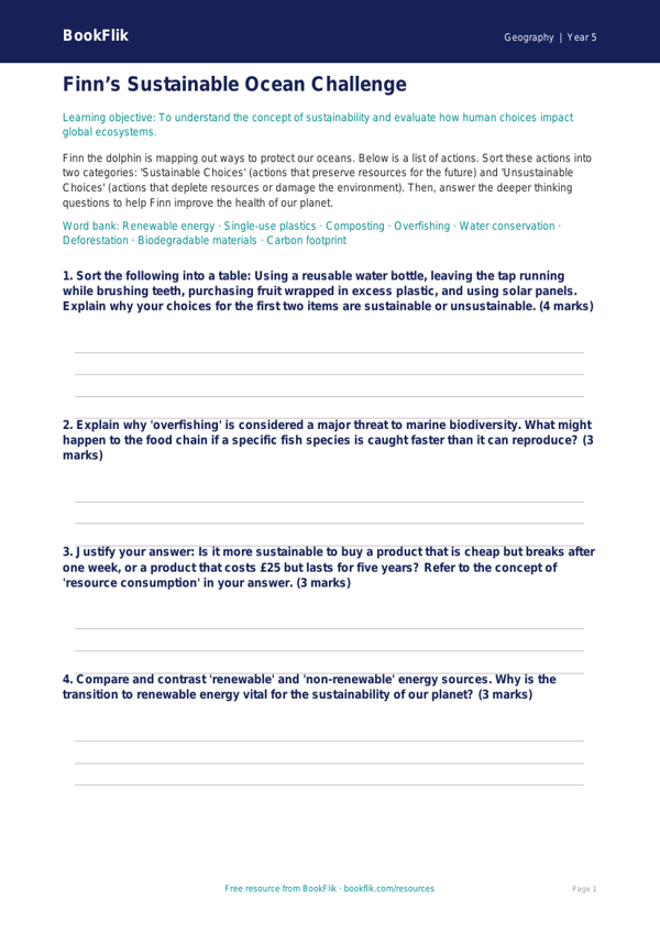 Free Sustainability Activity Sheet | Year 5 Greater Depth | BookFlik worksheet preview — Geography Sustainability