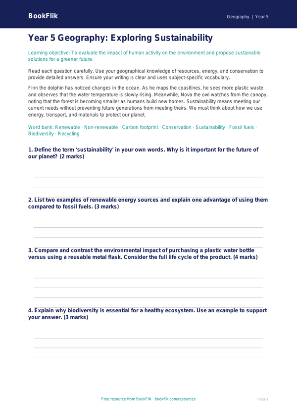 Free Sustainability Assessment | Year 5 Greater Depth | BookFlik worksheet preview — Geography Sustainability