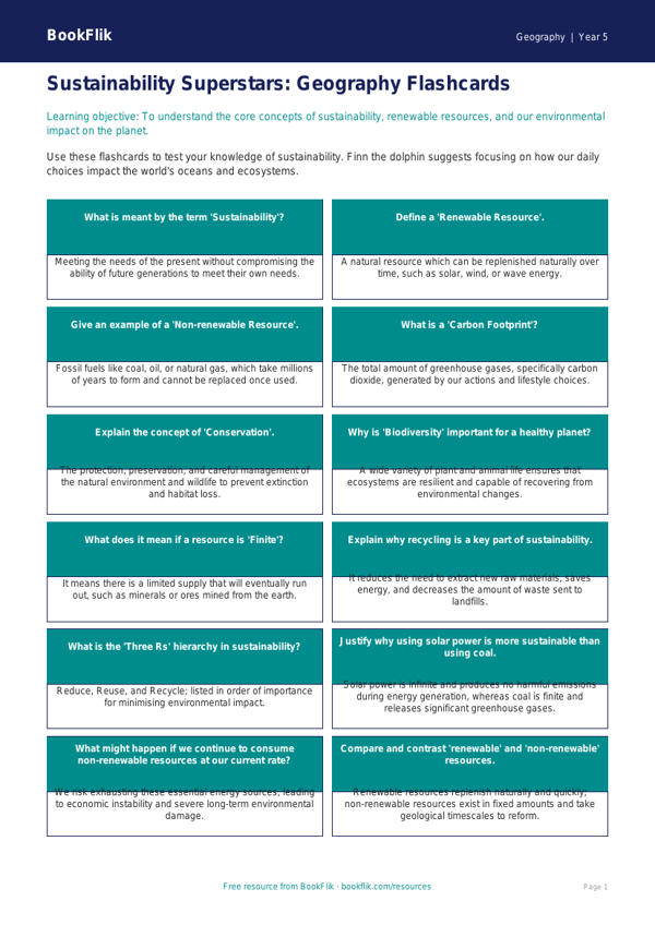 Free Sustainability Flashcards | Year 5 Greater Depth | BookFlik worksheet preview — Geography Sustainability