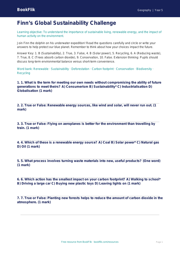 Free Sustainability Quiz | Year 5 Greater Depth | BookFlik worksheet preview — Geography Sustainability
