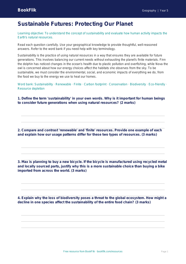 Free Sustainability Worksheet | Year 5 Greater Depth | BookFlik worksheet preview — Geography Sustainability