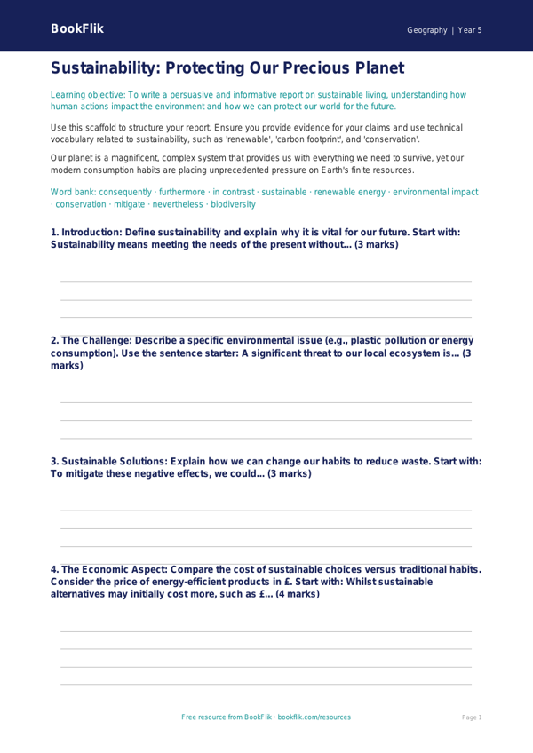Free Sustainability Writing Frame | Year 5 Greater Depth | BookFlik worksheet preview — Geography Sustainability