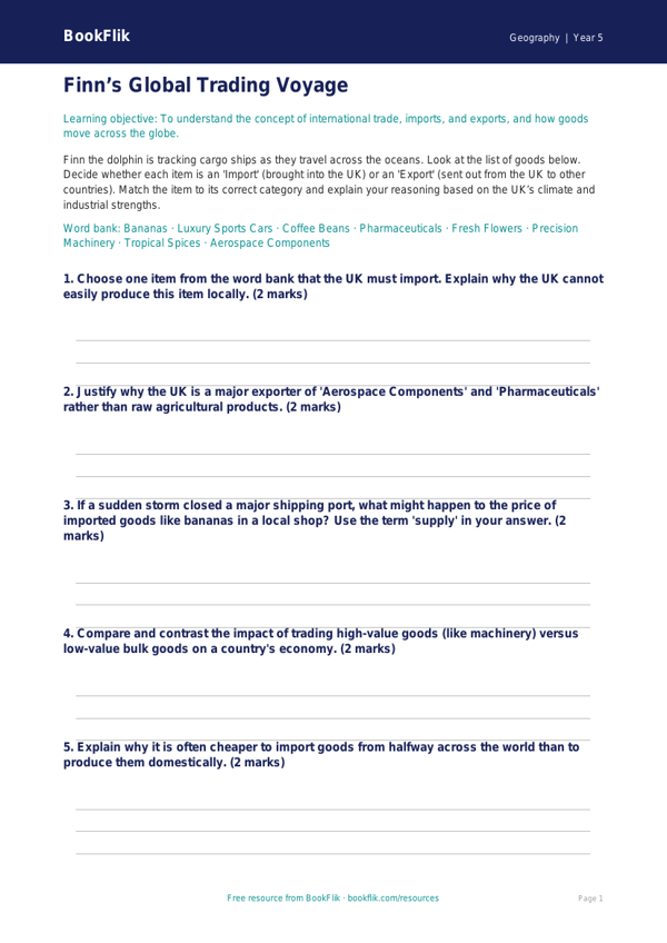 Free Trade Activity Sheet | Year 5 Greater Depth | BookFlik worksheet preview — Geography Trade