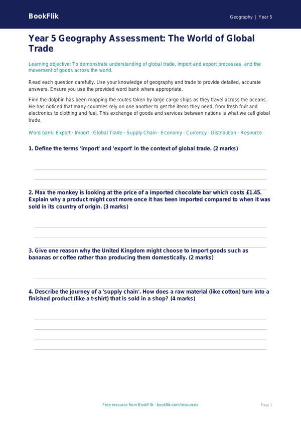 Free Trade Assessment | Year 5 Greater Depth | BookFlik worksheet preview — Geography Trade