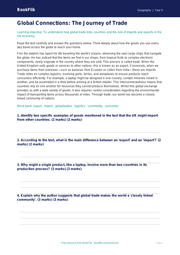 Free Trade Comprehension | Year 5 Greater Depth | BookFlik worksheet preview — Geography Trade