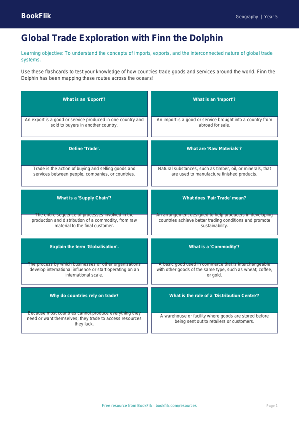 Free Trade Flashcards | Year 5 Greater Depth | BookFlik worksheet preview — Geography Trade