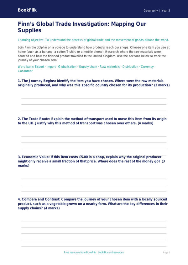 Free Trade Template | Year 5 Greater Depth | BookFlik worksheet preview — Geography Trade