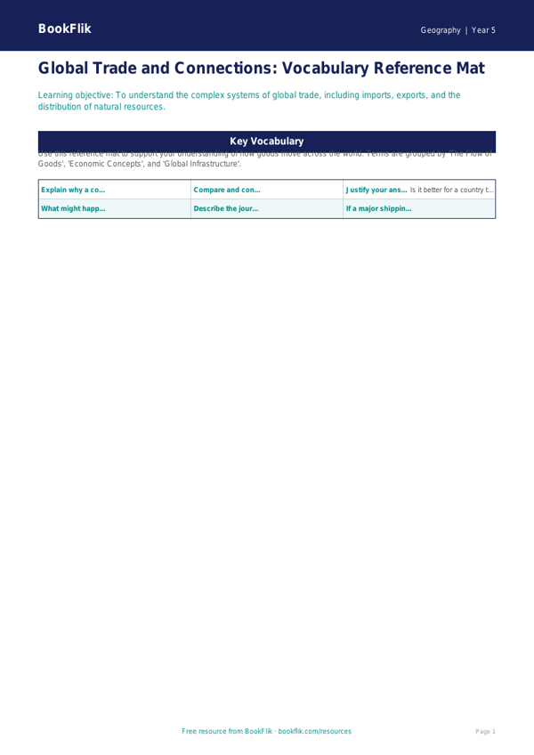 Free Trade Word Mat | Year 5 Greater Depth | BookFlik worksheet preview — Geography Trade