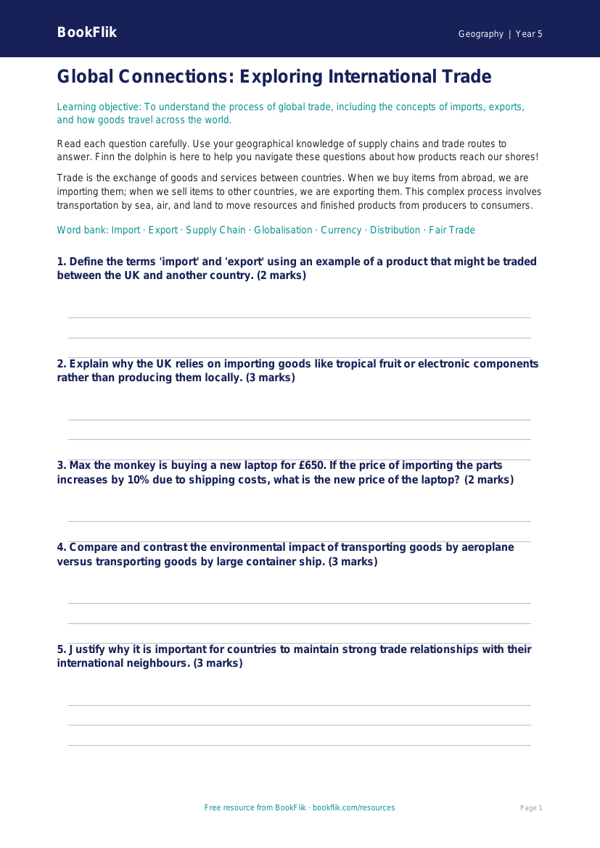 Free Trade Worksheet | Year 5 Greater Depth | BookFlik worksheet preview — Geography Trade