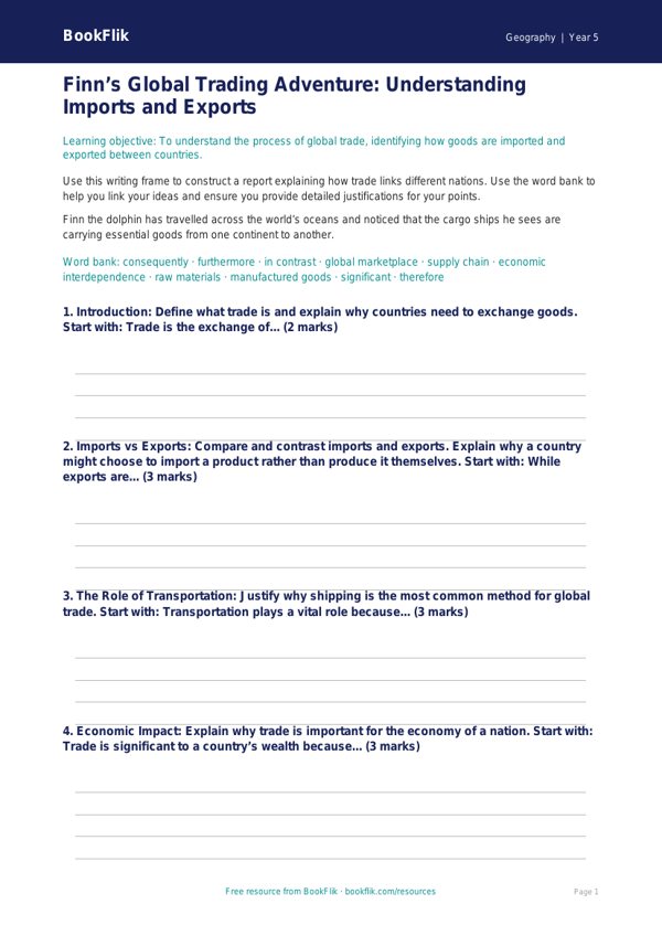 Free Trade Writing Frame | Year 5 Greater Depth | BookFlik worksheet preview — Geography Trade