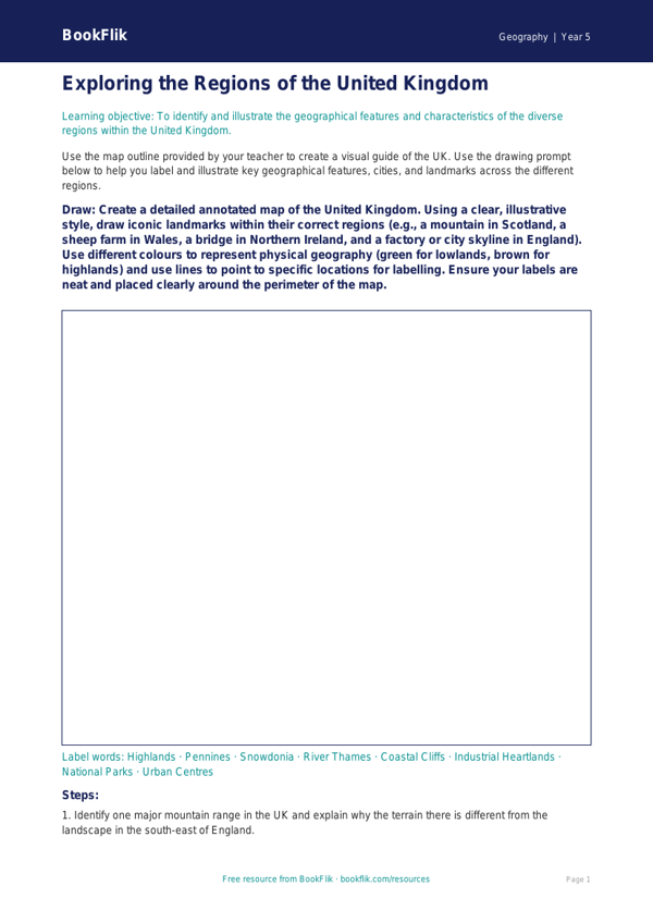 Free UK Regions Drawing Sheet | Year 5 Greater Depth | BookFlik worksheet preview — Geography Uk Regions