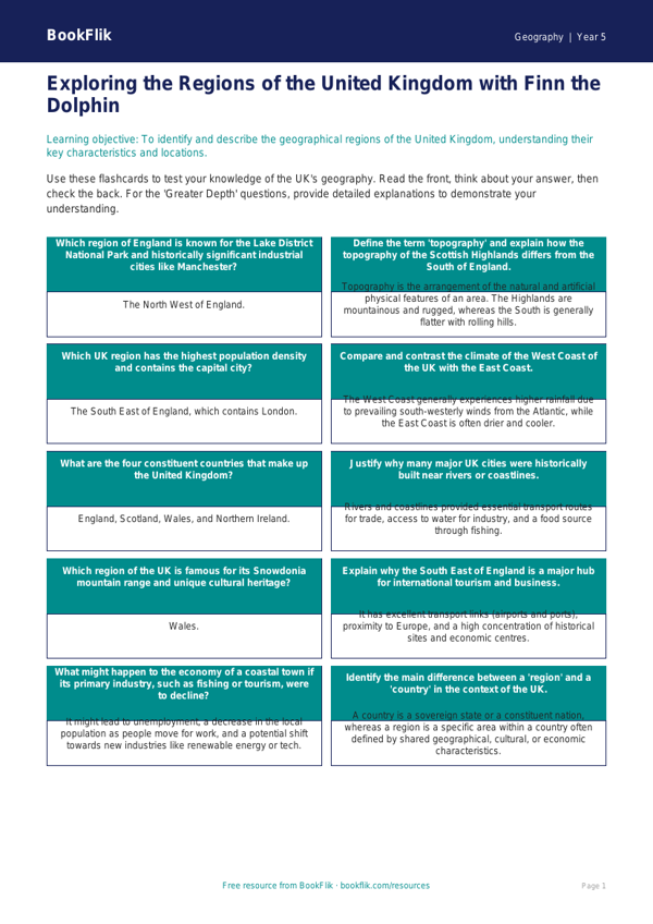 Free UK Regions Flashcards | Year 5 Greater Depth | BookFlik worksheet preview — Geography Uk Regions