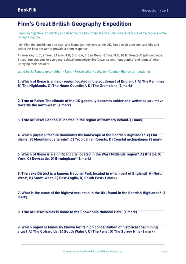 Free UK Regions Quiz | Year 5 Greater Depth | BookFlik worksheet preview — Geography Uk Regions