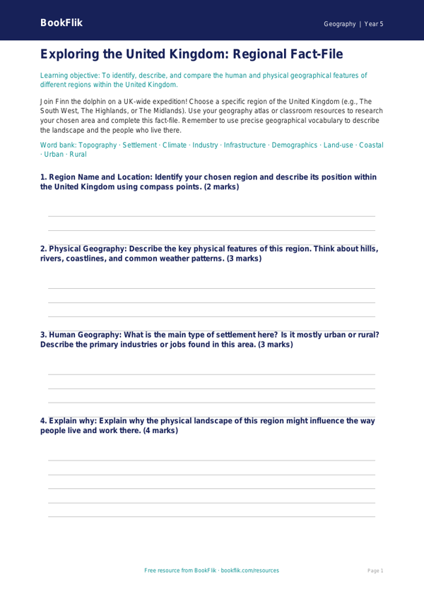 Free Uk Regions Template | Year 5 Greater Depth | BookFlik worksheet preview — Geography Uk Regions
