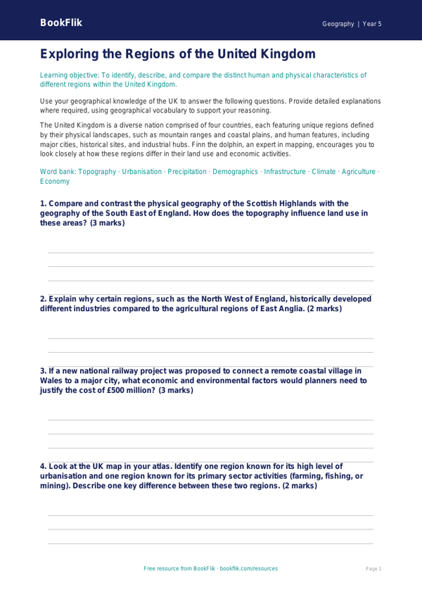 Free UK Regions Worksheet | Year 5 Greater Depth | BookFlik worksheet preview — Geography Uk Regions