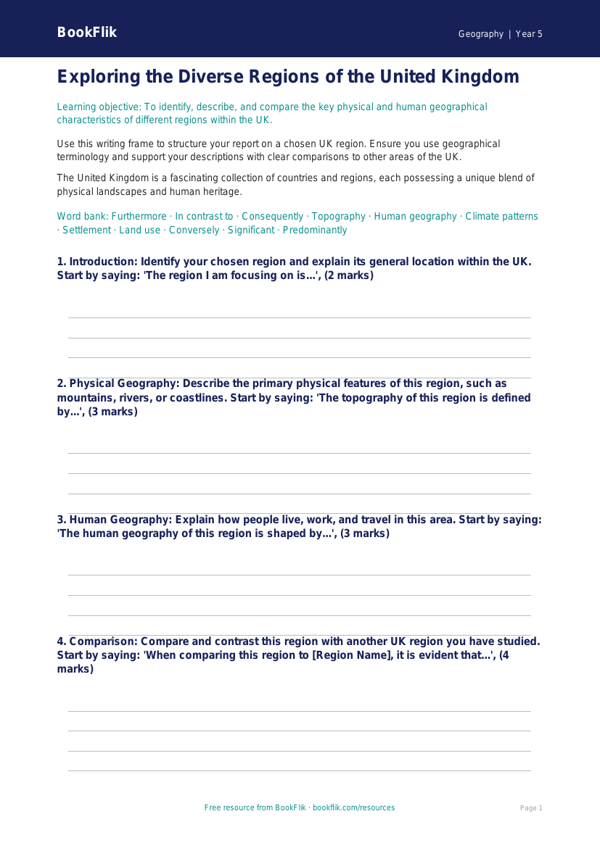 Free Uk Regions Writing Frame | Year 5 Greater Depth | BookFlik worksheet preview — Geography Uk Regions