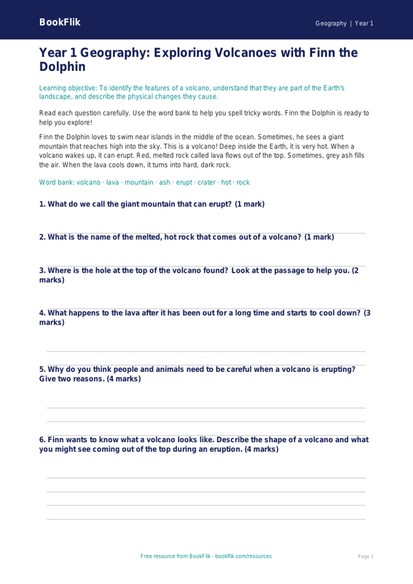 Free Volcanoes Assessment | Year 1 Core | BookFlik worksheet preview — Geography Volcanoes
