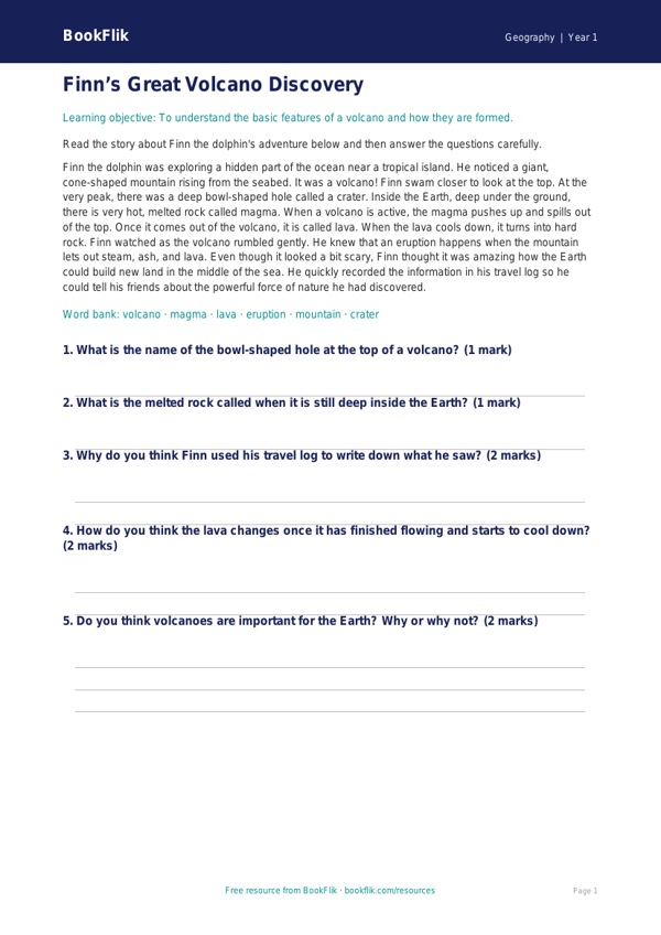 Free Volcanoes Comprehension | Year 1 Core | BookFlik worksheet preview — Geography Volcanoes