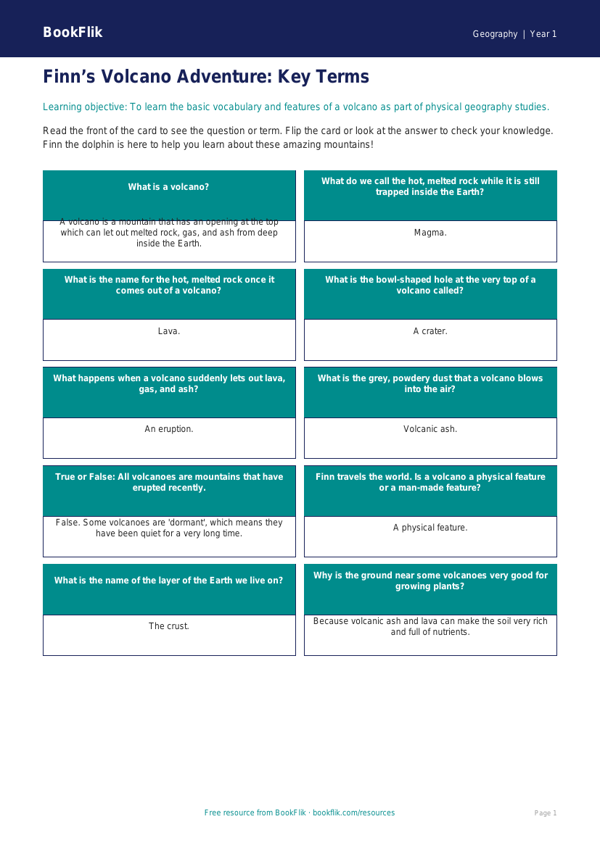 Free Volcanoes Flashcards | Year 1 Core | BookFlik worksheet preview — Geography Volcanoes