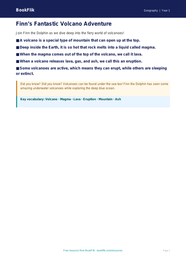 Free Volcanoes Poster | Year 1 Core | BookFlik worksheet preview — Geography Volcanoes