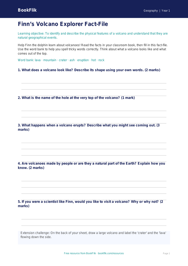 Free Volcanoes Template | Year 1 Core | BookFlik worksheet preview — Geography Volcanoes