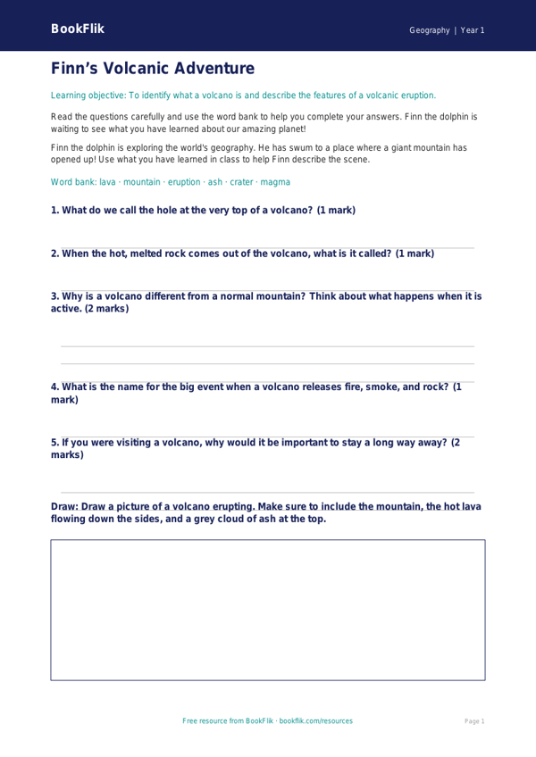 Free Volcanoes Worksheet | Year 1 Core | BookFlik worksheet preview — Geography Volcanoes