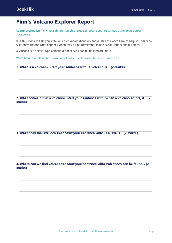 Free Volcanoes Writing Frame | Year 1 Core | BookFlik worksheet preview — Geography Volcanoes