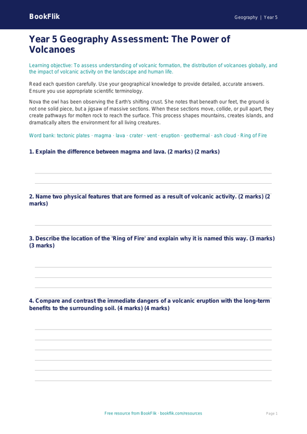 Free Volcanoes Assessment | Year 5 Greater Depth | BookFlik worksheet preview — Geography Volcanoes