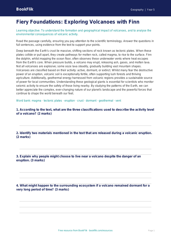 Free Volcanoes Comprehension | Year 5 Greater Depth | BookFlik worksheet preview — Geography Volcanoes