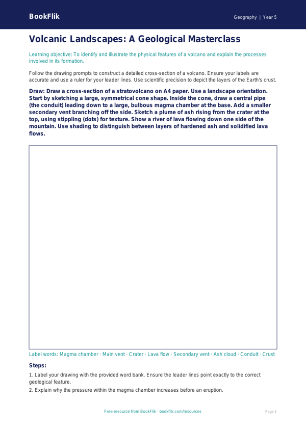 Free Volcanoes Drawing Sheet | Year 5 Greater Depth | BookFlik worksheet preview — Geography Volcanoes