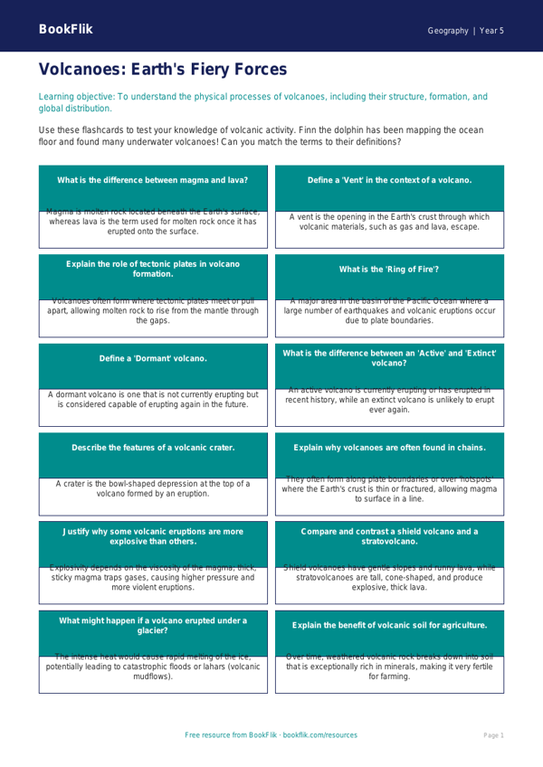 Free Volcanoes Flashcards | Year 5 Greater Depth | BookFlik worksheet preview — Geography Volcanoes