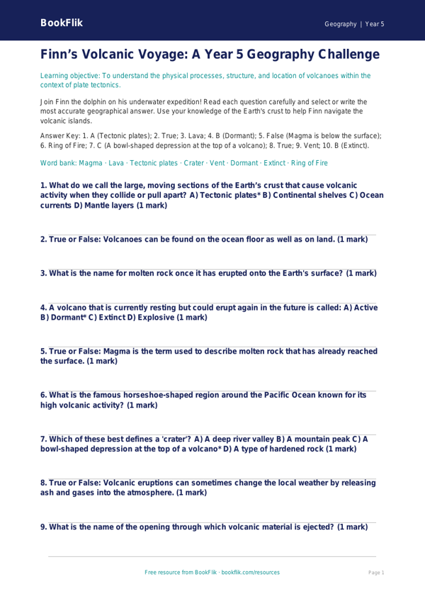 Free Volcanoes Quiz | Year 5 Greater Depth | BookFlik worksheet preview — Geography Volcanoes