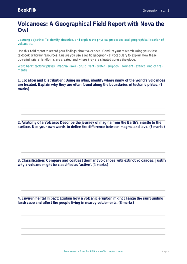 Free Volcanoes Template | Year 5 Greater Depth | BookFlik worksheet preview — Geography Volcanoes