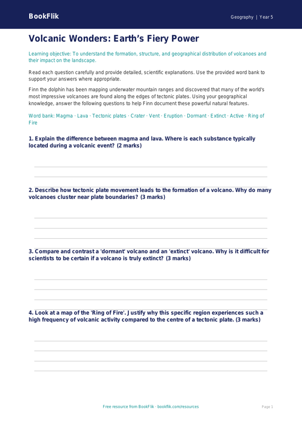 Free Volcanoes Worksheet | Year 5 Greater Depth | BookFlik worksheet preview — Geography Volcanoes