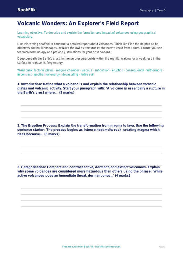 Free Volcanoes Writing Frame | Year 5 Greater Depth | BookFlik worksheet preview — Geography Volcanoes