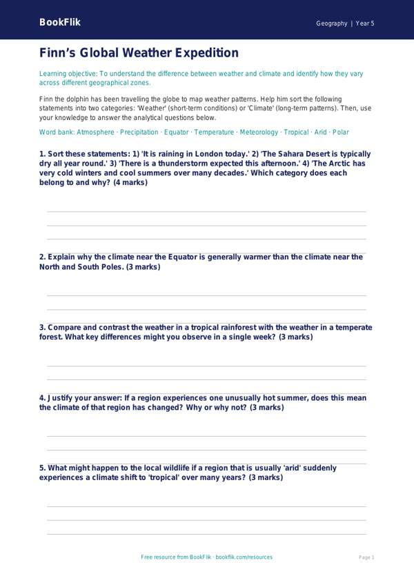 Free Weather And Climate Activity Sheet | Year 5 Greater Depth | BookFlik worksheet preview — Geography Weather And Climate