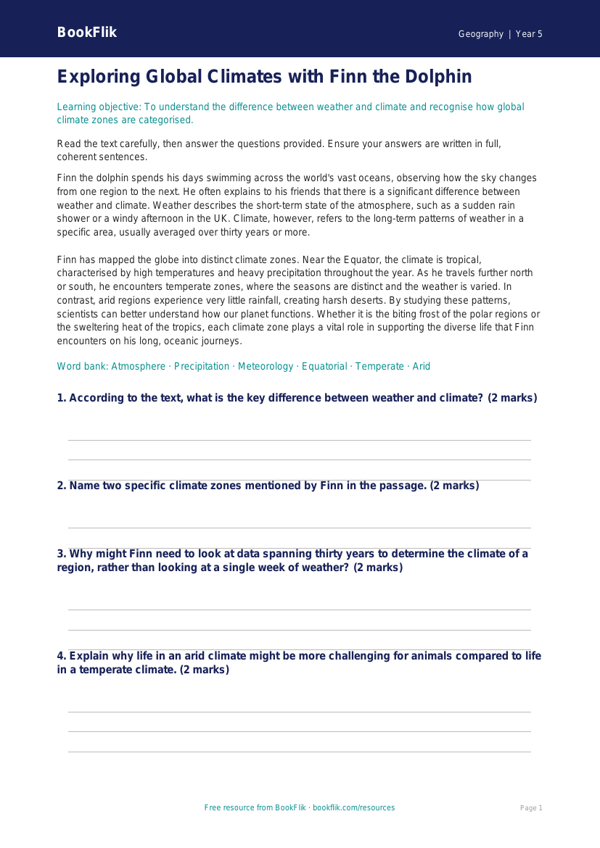 Free Weather And Climate Comprehension | Year 5 Greater Depth | BookFlik worksheet preview — Geography Weather And Climate