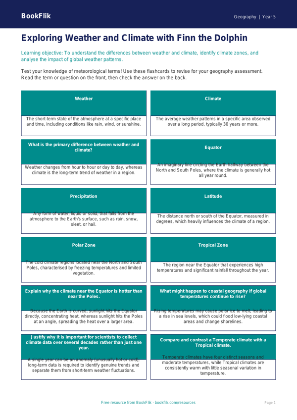 Free Weather And Climate Flashcards | Year 5 Greater Depth | BookFlik worksheet preview — Geography Weather And Climate