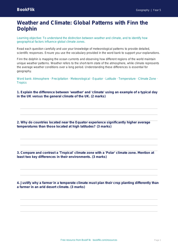 Free Weather And Climate Worksheet | Year 5 Greater Depth | BookFlik worksheet preview — Geography Weather And Climate