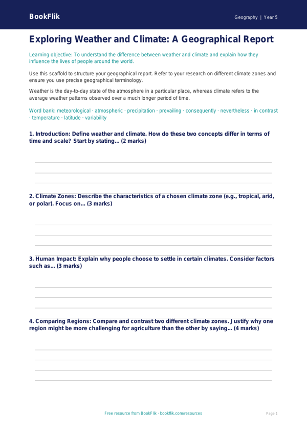 Free Weather And Climate Writing Frame | Year 5 Greater Depth | BookFlik worksheet preview — Geography Weather And Climate