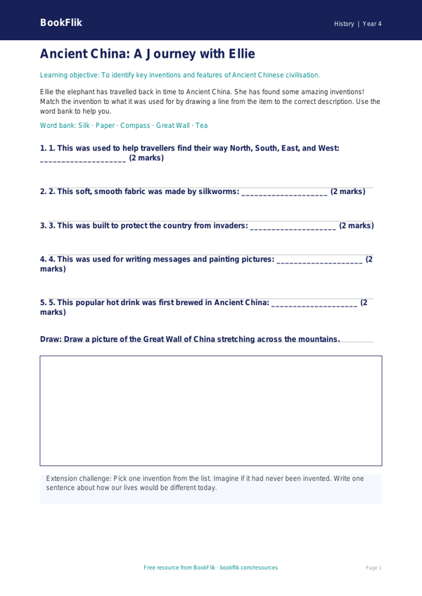 Free Ancient China Activity Sheet | Year 4 Supported | BookFlik worksheet preview — History Ancient China