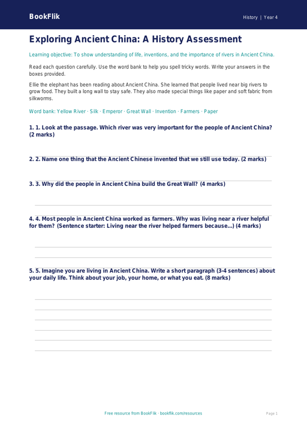 Free Ancient China Assessment | Year 4 Supported | BookFlik worksheet preview — History Ancient China