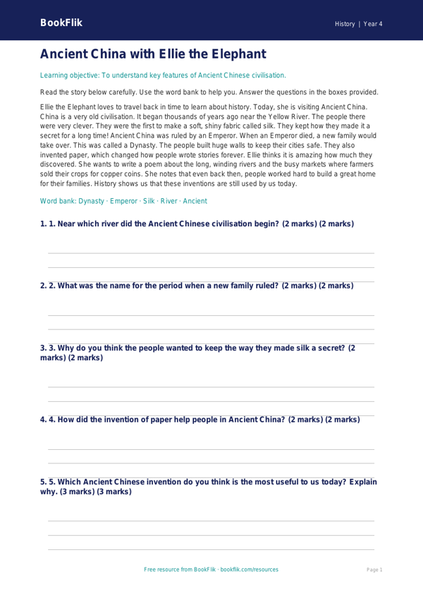 Free Ancient China Comprehension | Year 4 Supported | BookFlik worksheet preview — History Ancient China