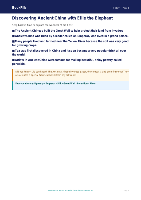 Free Ancient China Poster | Year 4 Supported | BookFlik worksheet preview — History Ancient China