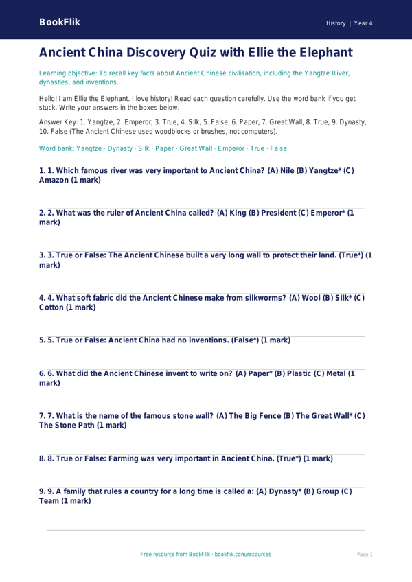 Free Ancient China Quiz | Year 4 Supported | BookFlik worksheet preview — History Ancient China
